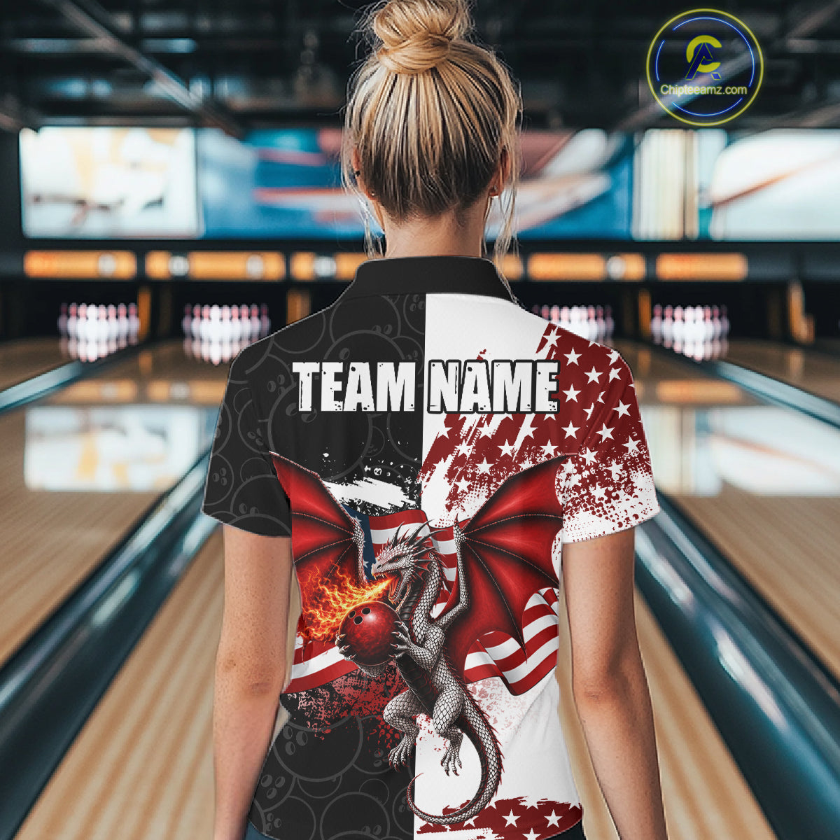 Red, White And Black US Flag Women Bowling Shirt Custom Patriotic Dragon Fire Flame Bowling Team Jersey NYN3276