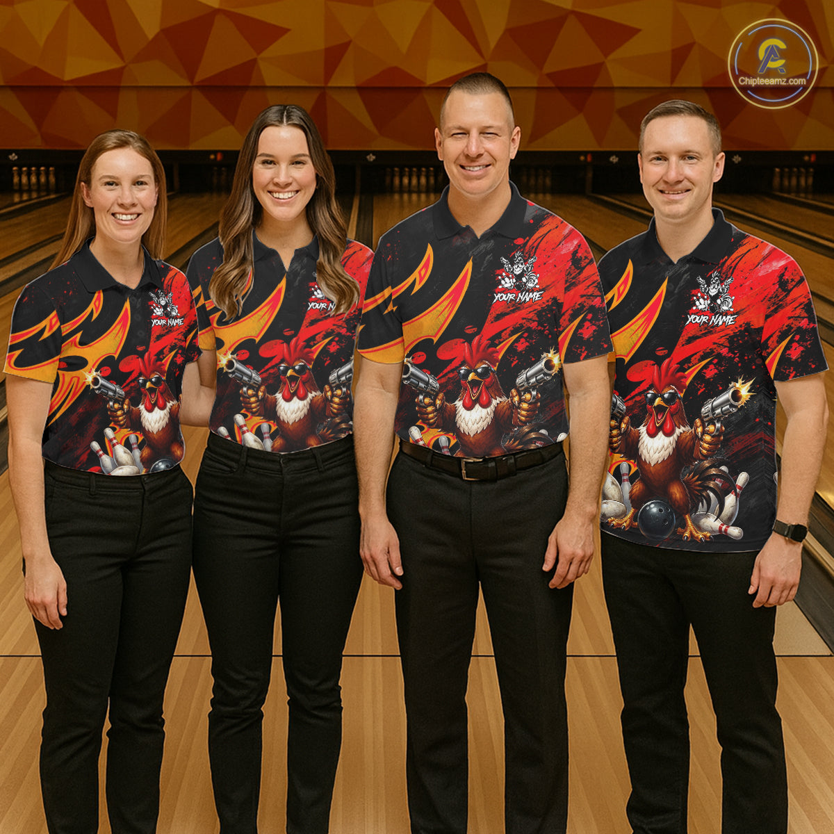 Red And Yellow Rooster Gun Women Bowling Shirt Custom Funny Grunge Cute Bowling Team Outfits NYN3279