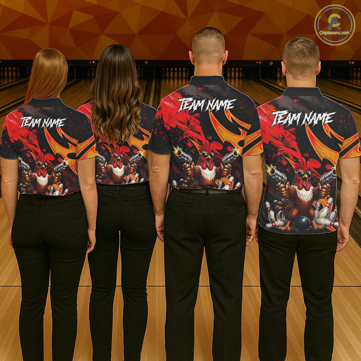 Red And Yellow Rooster Gun Women Bowling Shirt Custom Funny Grunge Cute Bowling Team Outfits NYN3279