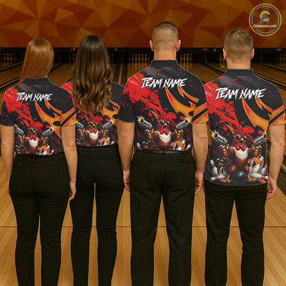 Red And Yellow Rooster Gun Women Bowling Shirt Custom Funny Grunge Cute Bowling Team Outfits NYN3279