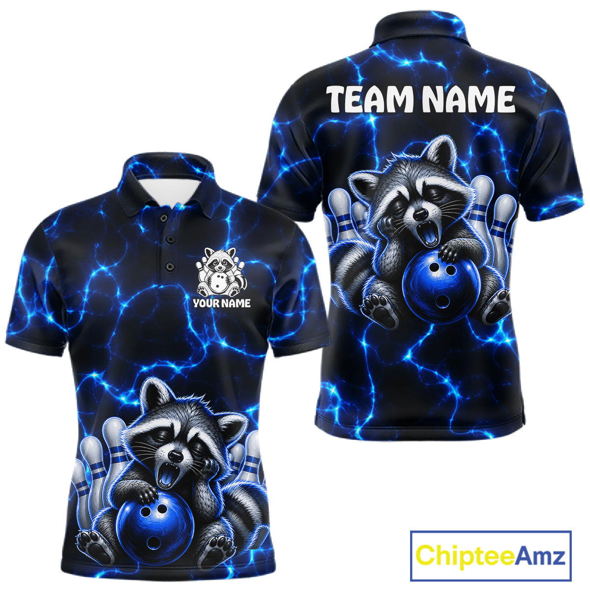 Funny Raccoon Mens Bowling Polo Shirt Custom Lightning Cute Bowling Team Outfits