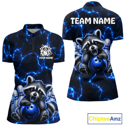 Funny Raccoon Women Bowling 1/4-Zip Shirt Custom Lightning Cute Bowling Team Outfits