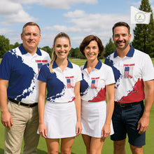 Load image into Gallery viewer, Men women golf team wearing matching American flag golf polo shirts, patriotic golf team uniforms, golf league apparel