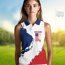 Load image into Gallery viewer, Female golfer wearing American flag golf polo shirt, patriotic golf clothing, custom women's golf apparel
