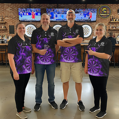 Purple Funny Bull Fire Flame Dartboard Custom Men Darts Polo League Shirts Dart Jerseys NYN2243