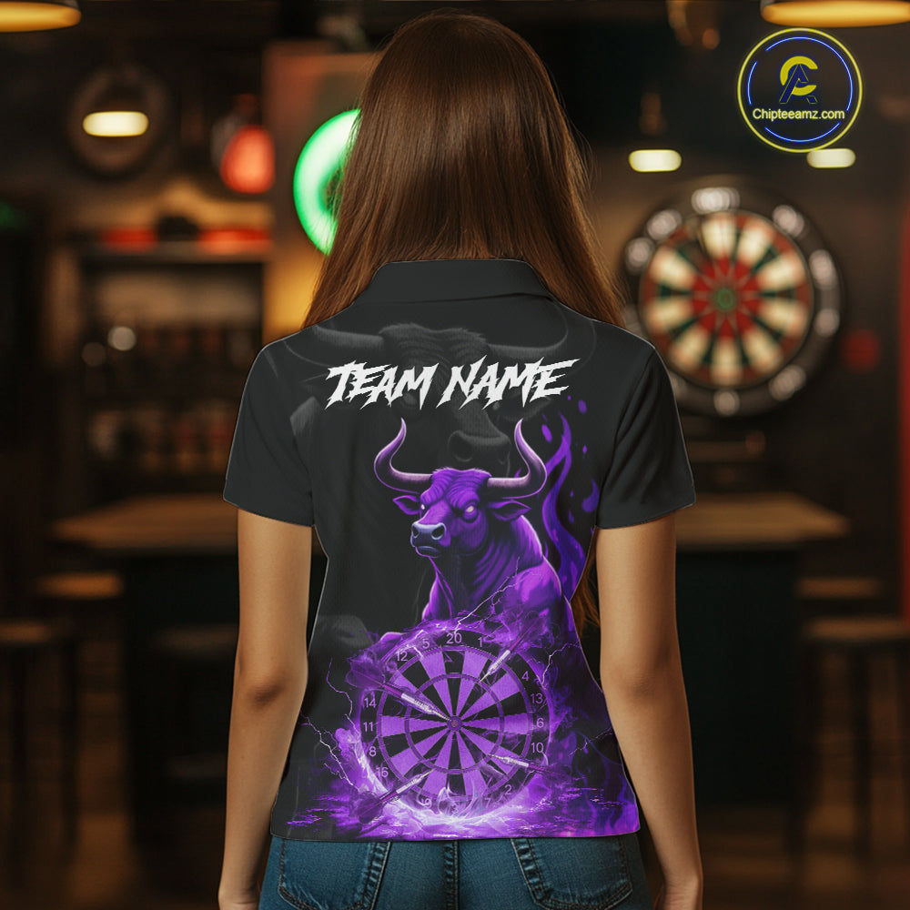 Purple Funny Bull Fire Flame Dartboard Custom Women Darts Polo League Shirts Dart Jerseys NYN2243