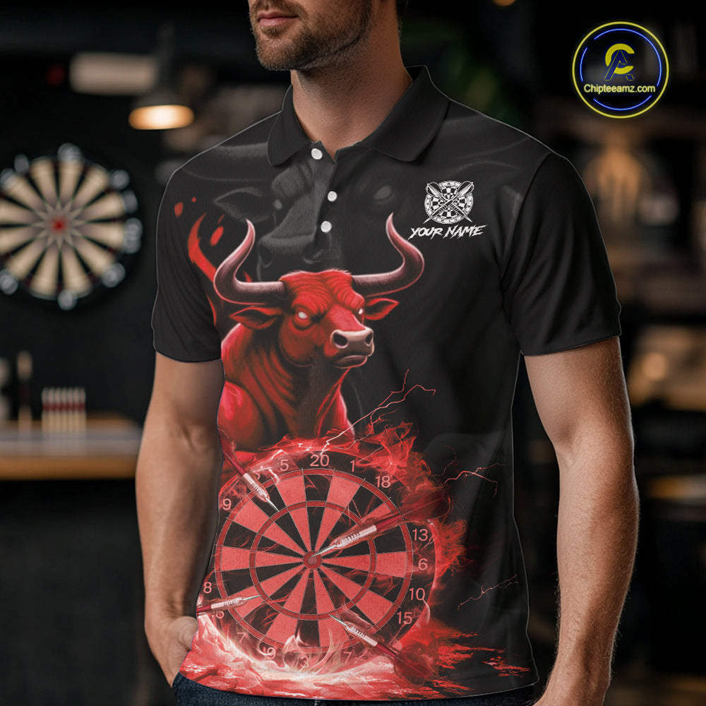 Red Funny Bull Fire Flame Dartboard Custom Men Darts Polo League Shirts Dart Jerseys NYN2244