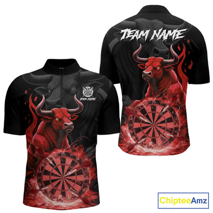 Red Funny Bull Fire Flame Dartboard Custom Men Darts Quarter-Zip League Shirts Dart Jerseys NYN2244