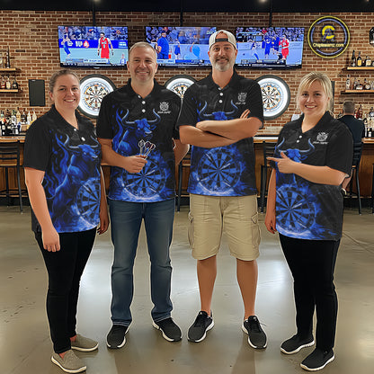 Blue Funny Bull Fire Flame Dartboard Custom Men Darts Polo League Shirts Dart Jerseys NYN2245