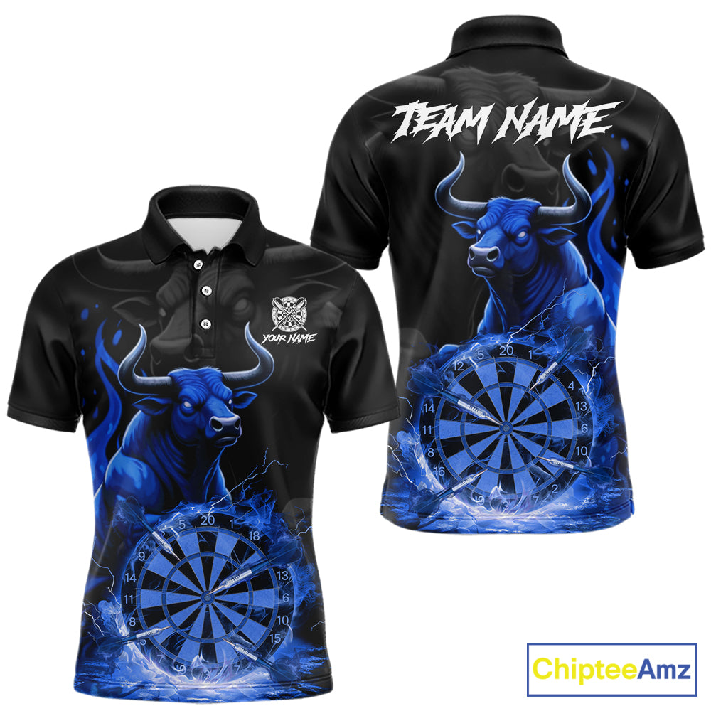 Blue Funny Bull Fire Flame Dartboard Custom Men Darts Polo League Shirts Dart Jerseys NYN2245