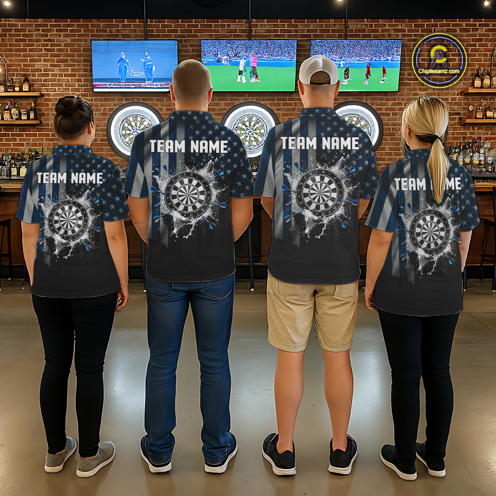 Custom Blue US Flag Water Dartboard Men Darts Quarter-Zip League Shirts Patriotic Dart Jerseys NYN2246