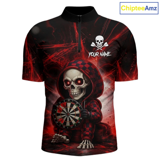 Black & Red Grunge Light Caro Skeleton Men Darts 1/4-Zip Shirt Custom Funny Dart Team Jerseys NYN2539