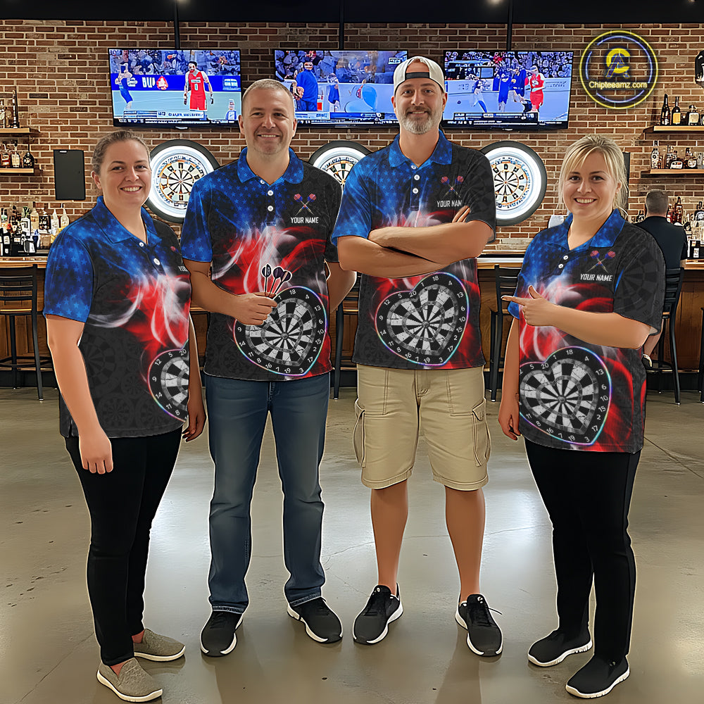 Smoke US Flag Colorful Heart Dartboard Women Darts Valentine Shirt Custom Dart Polo Couple Gifts NYN2544