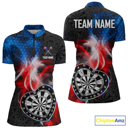 Smoke US Flag Colorful Heart Dartboard Women Darts Valentine Shirt Custom Dart 1/4-Zip Couple Gifts NYN2544