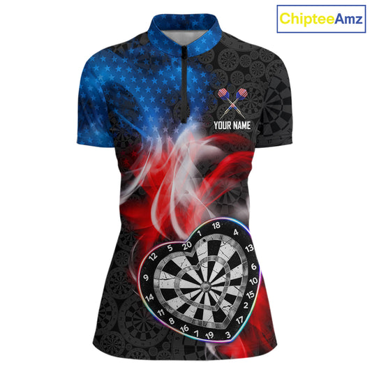 Smoke US Flag Colorful Heart Dartboard Women Darts Valentine Shirt Custom Dart 1/4-Zip Couple Gifts NYN2544