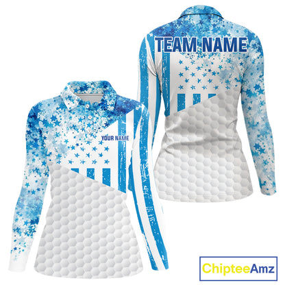 White And Blue American Flag Golf Polos Shirts For Women Custom Patriotic Womens Golf Attire NYN2913