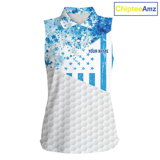 White And Blue American Flag Sleeveless Golf Polos Shirts For Women Custom Patriotic Golf Attire NYN2913