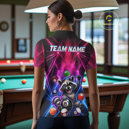 Funny Raccoon 8 Ball Pool Pink & Blue Smokes Women Polo Shirts Custom Billiard Apparel, Billiard Gifts NYN3295
