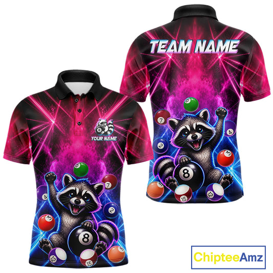 Funny raccoon 8 ball billiard polo shirt with pink and blue smoke design for men