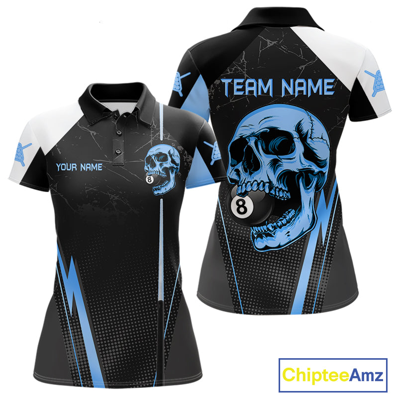 Black and blue skull 8 ball billiard polo pool shirt for women custom apparel