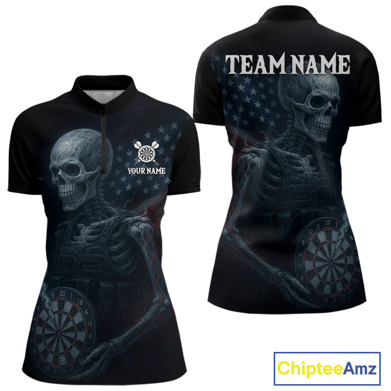 Custom Patriotic Women Darts Shirt Personalized US Flag Skull Dartboard Outfit Dart Team Shirts NYN1168