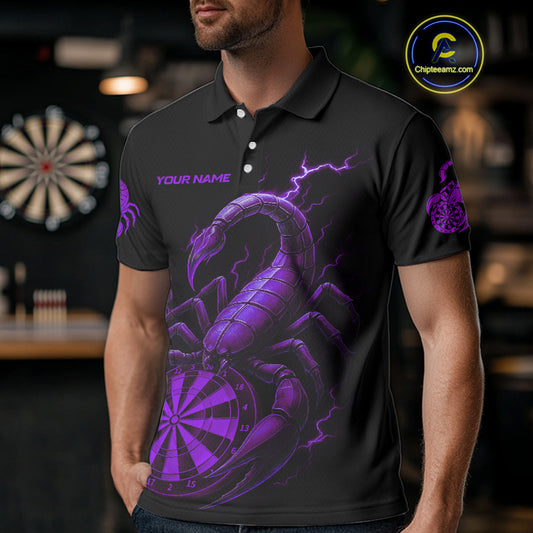 Custom Lightning Purple And Black Scorpion Dart Polo Shirt For Men Outfits Dart Team Jersey NYN1497