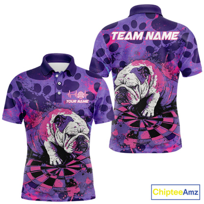 Pink & Purple Splatter Funny Lazy Bulldog Custom Men Darts Polo Shirts Dart League Jerseys NYN2256