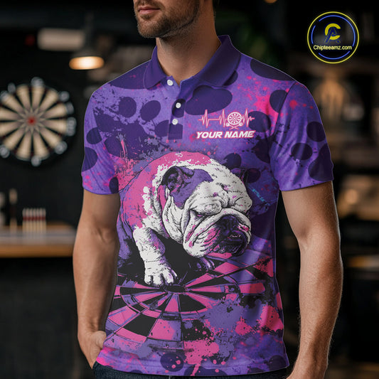 Pink & Purple Splatter Funny Lazy Bulldog Custom Men Darts Polo Shirts Dart League Jerseys NYN2256