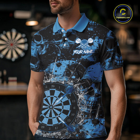 Blue Grunge Skull Cracked Glass Dartboard Custom Men Darts Polo Shirts Dart Team Jerseys NYN2258