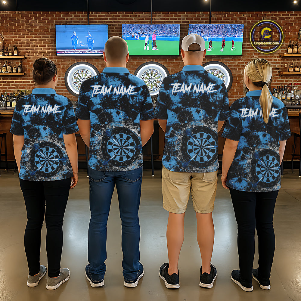 Blue Grunge Skull Cracked Glass Dartboard Custom Men Darts Polo Shirts Dart Team Jerseys NYN2258