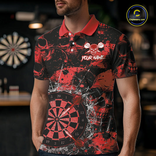 Red Grunge Skull Cracked Glass Dartboard Custom Men Darts Polo Shirts Dart Team Jerseys NYN2259