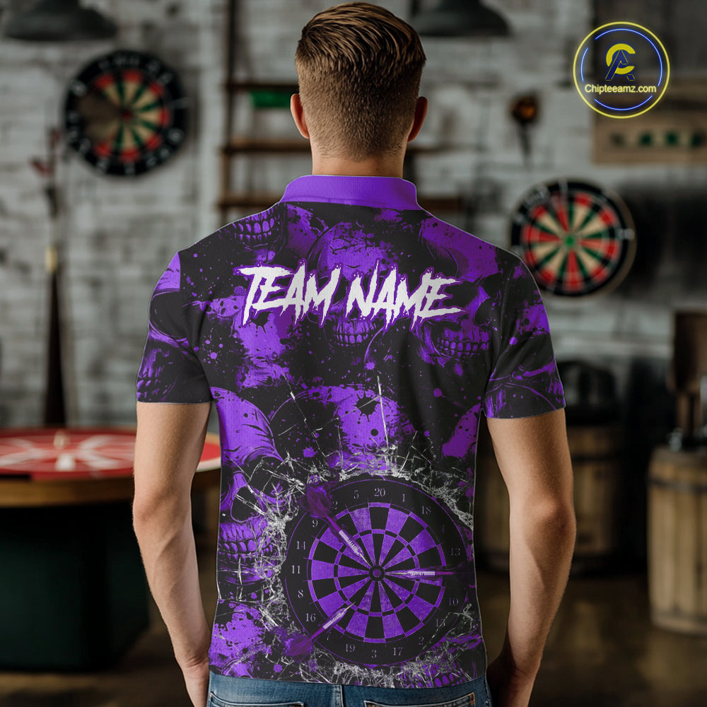 Purple Grunge Skull Cracked Glass Dartboard Custom Men Darts Polo Shirts Dart Team Jerseys NYN2260