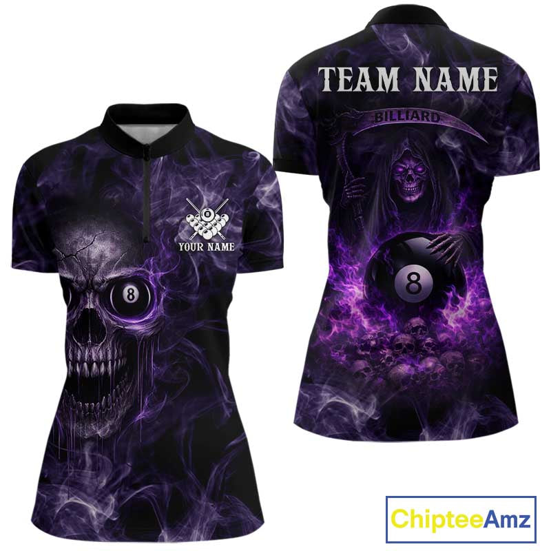 Purple Grim Reaper Billiard Shirts For Women Custom Smoke Skull Flame League Billiard Jerseys NYN2919