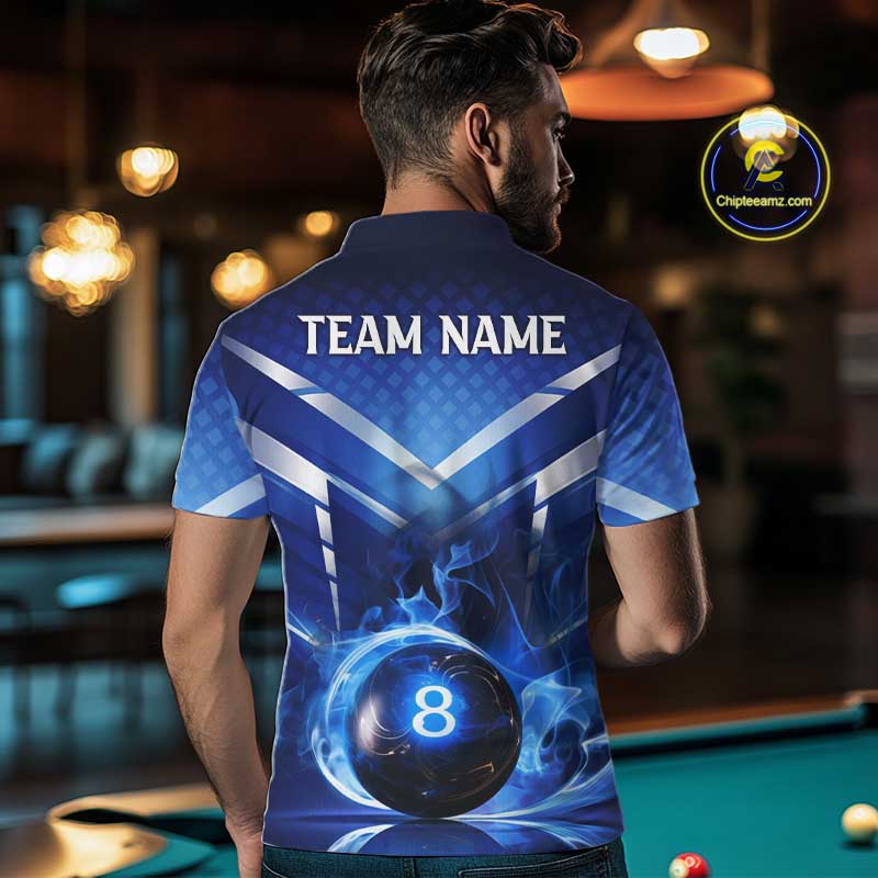 Personalized Blue & Silver Billiard 3D Shirts For Men Ball 8 Flame Billiard Jerseys For Gifts NYN2923