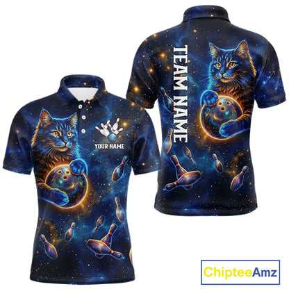 Custom Galaxy Blue Funny Cat Bowling Team Shirt Bowling Jersey Polo & 1/4 Zip Bowling Unisex For Men NYN3123