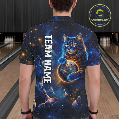 Custom Galaxy Blue Funny Cat Bowling Team Shirt Bowling Jersey Polo & 1/4 Zip Bowling Unisex For Men NYN3123