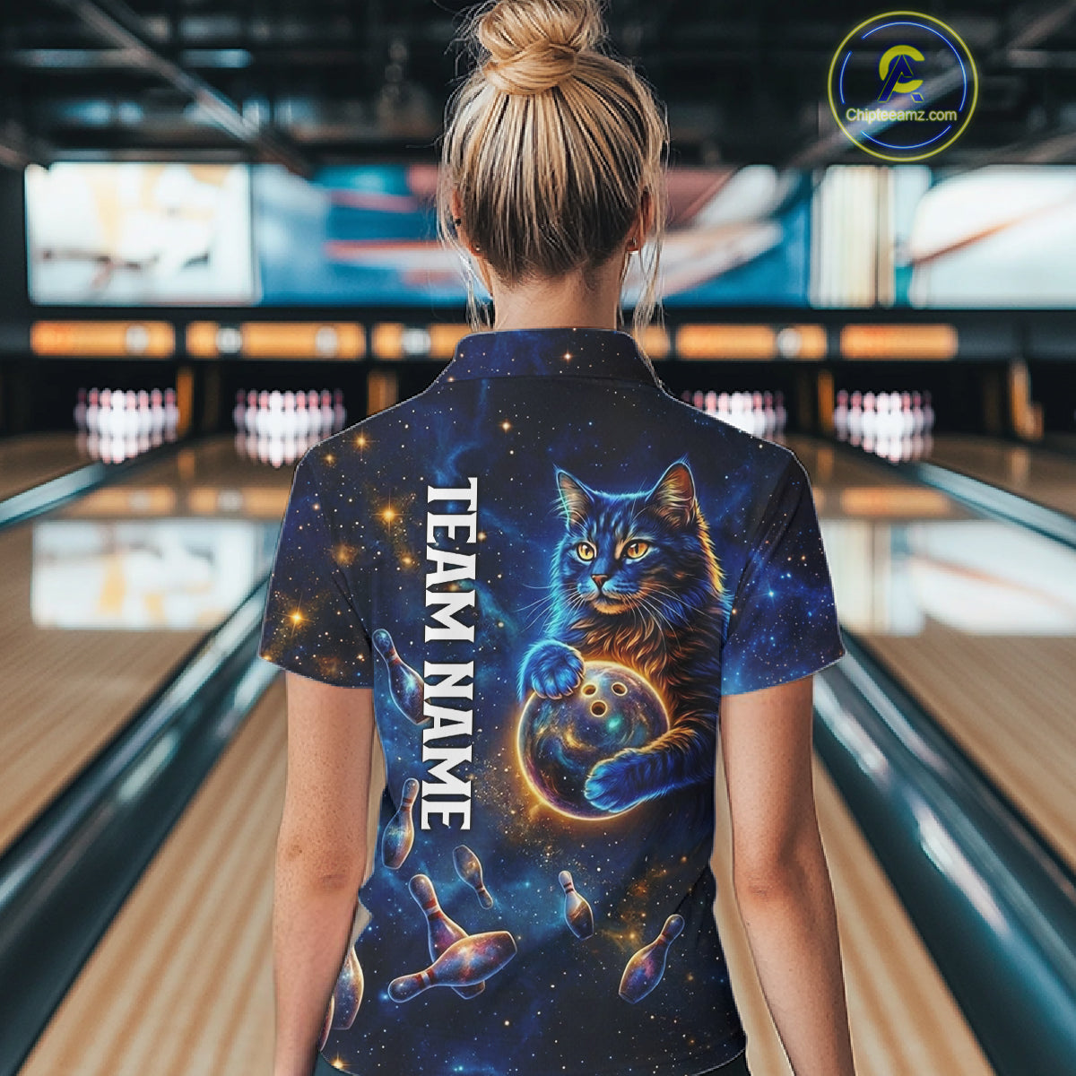 Custom Galaxy Blue Funny Cat Bowling Team Shirt Bowling Jersey Polo & 1/4 Zip Bowling Unisex For Women NYN3123