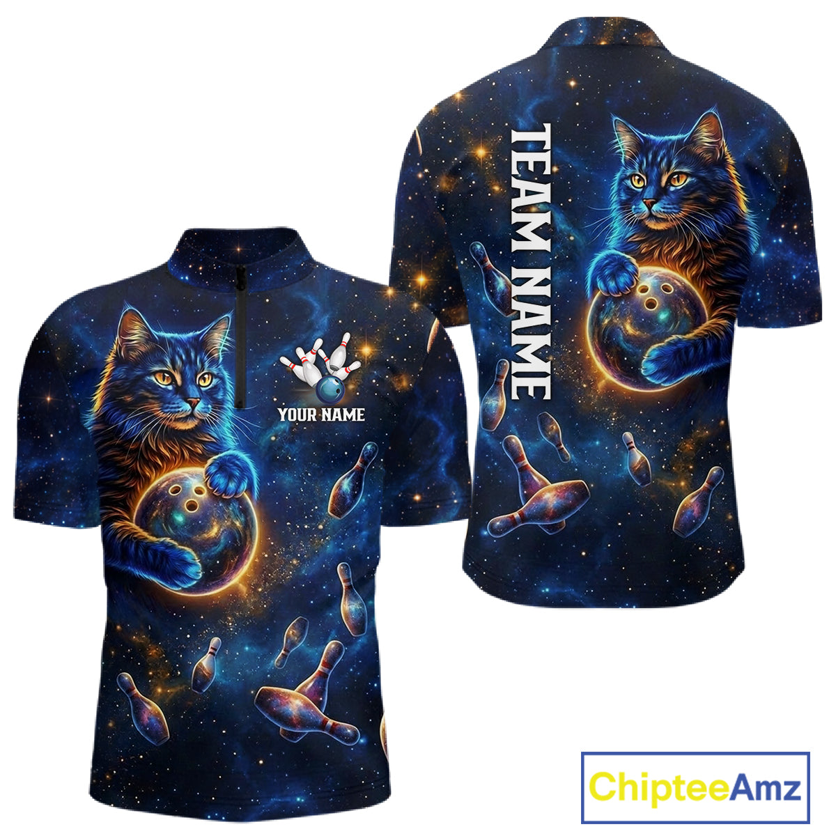 Custom Galaxy Blue Funny Cat Bowling Team Shirt Bowling Jersey Polo & 1/4 Zip Bowling Unisex For Men NYN3123
