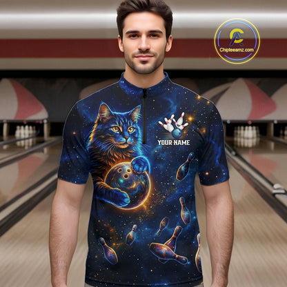Custom Galaxy Blue Funny Cat Bowling Team Shirt Bowling Jersey Polo & 1/4 Zip Bowling Unisex For Men NYN3123