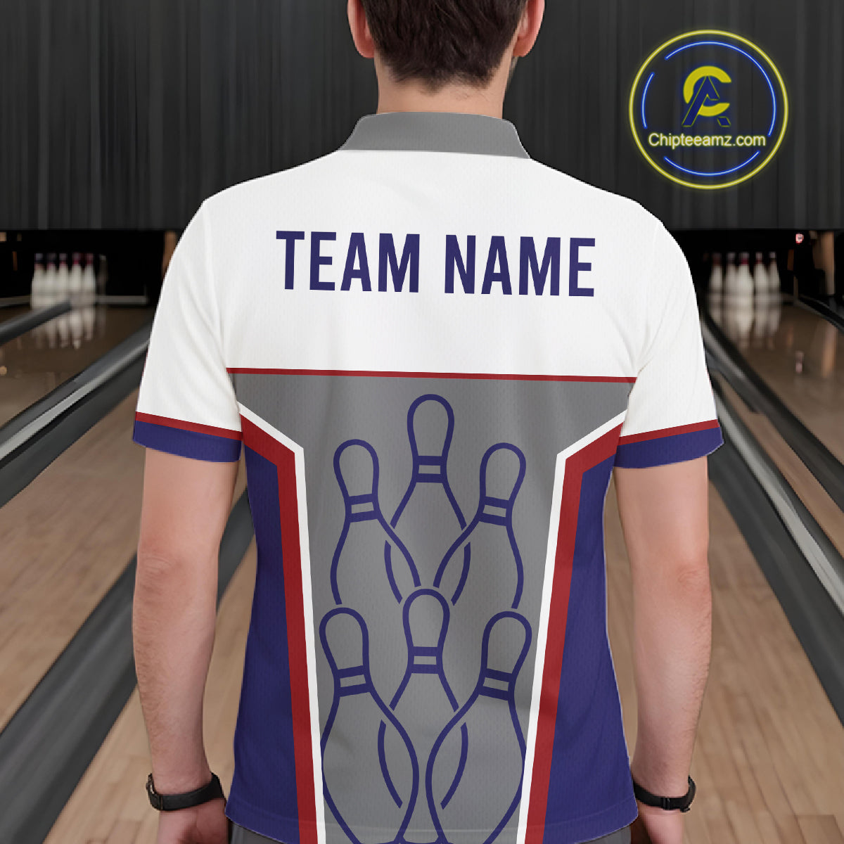 Red, Blue And Gray Bowling Pin Jerseys For Men Custom Bowling Polo 1/4-Zip Shirt, Gift For Bowlers NYN3125