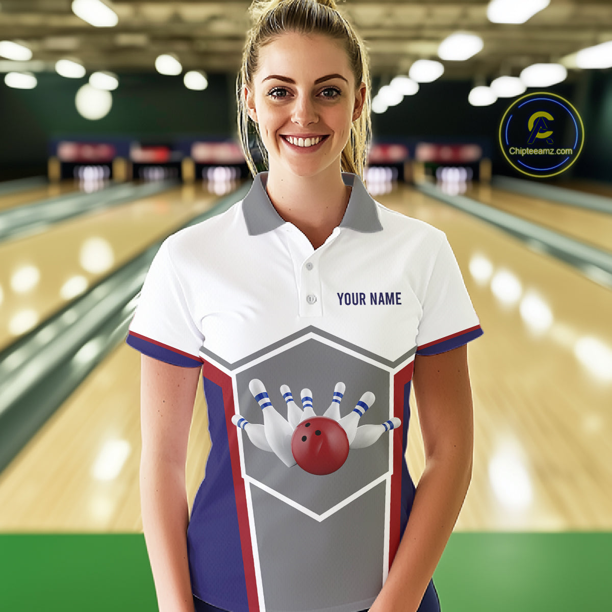 Red, Blue And Gray Bowling Pin Jerseys For Women Custom Bowling Polo 1/4-Zip Shirt, Gift For Bowlers NYN3125