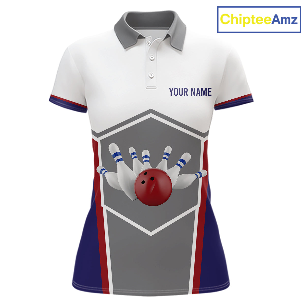 Red, Blue And Gray Bowling Pin Jerseys For Women Custom Bowling Polo 1/4-Zip Shirt, Gift For Bowlers NYN3125