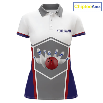 Red, Blue And Gray Bowling Pin Jerseys For Women Custom Bowling Polo 1/4-Zip Shirt, Gift For Bowlers NYN3125