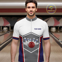 Load image into Gallery viewer, Red, Blue And Gray Bowling Pin Jerseys For Men Custom Bowling Polo 1/4-Zip Shirt, Gift For Bowlers NYN3125