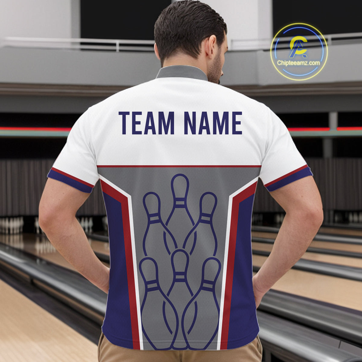 Red, Blue And Gray Bowling Pin Jerseys For Men Custom Bowling Polo 1/4-Zip Shirt, Gift For Bowlers NYN3125