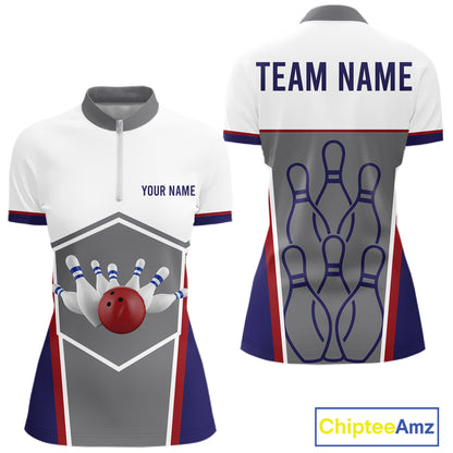 Red, Blue And Gray Bowling Pin Jerseys For Women Custom Bowling Polo 1/4-Zip Shirt, Gift For Bowlers NYN3125