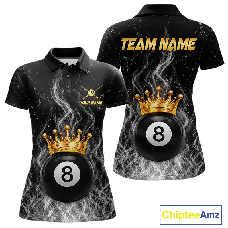 Personalized gold crown 8 ball billiard polo shirt for women with fire flame design