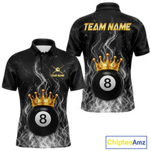 Load image into Gallery viewer, Personalized gold crown 8 ball billiard polo shirt for men with fire flame design