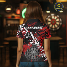 Load image into Gallery viewer, Female darts player wearing black white red grunge dart shirt, smoke dartboard darts jersey, personalized tournament dart apparel