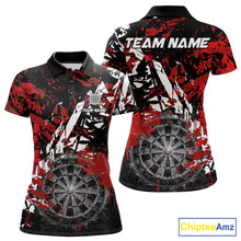 Load image into Gallery viewer, Black white red grunge women's darts polo shirt, smoke dartboard dart jersey, custom darts team uniform, personalized dart apparel, tournament darts clothing